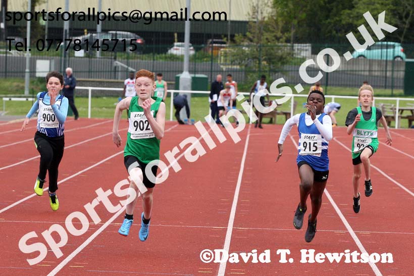 Boys under-13s 100 metres, 2019 North Eastern Track and Field Champs., Middlesbrough. Photo:  David T. Hewitson/Sports for All Pics
